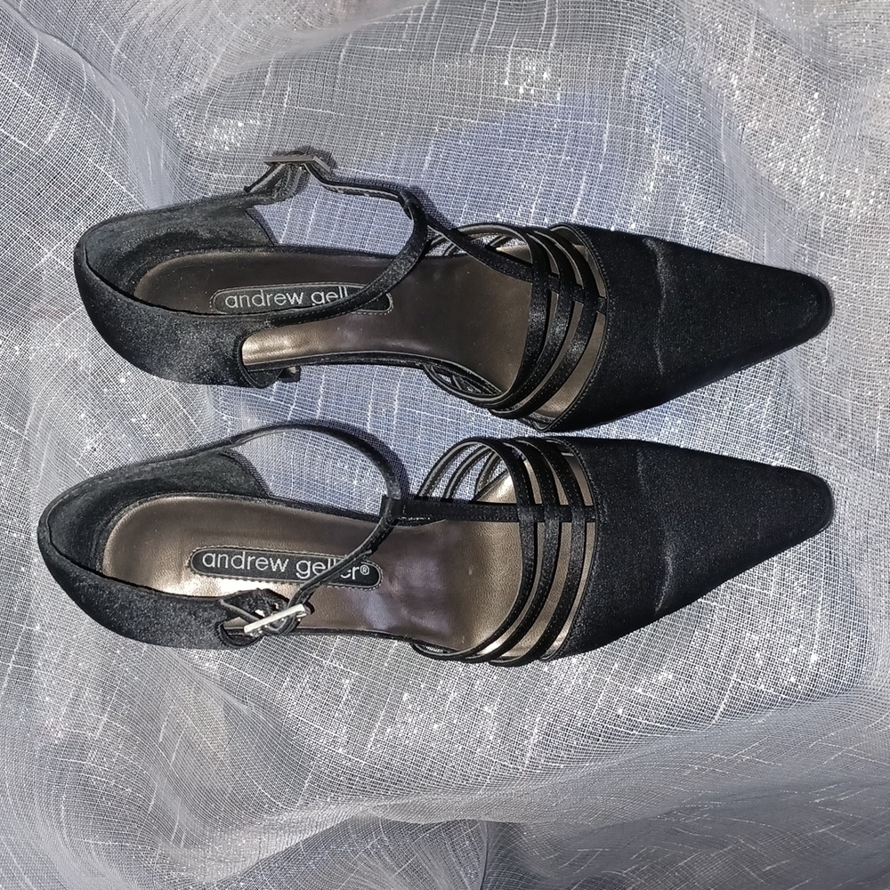 Andrew Geller Black Satin Pointed T-Strap Heels - Picture 2 of 5
